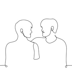 Wall Mural - men sit face to face and smile, one hugs the other - one line drawing vector. friends, lovers concept
