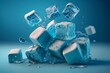 Ice cubes with water on a blue background. Ice concept for drinks. Generative AI