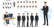 A businessman character model sheet for animation. Woman character model sheet with lips syn, hand gesture, turn around the sheet