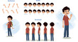 A boy character model sheet for animation. Kids character model sheet with lips syn, hand gesture, turnaround sheet 