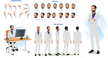 A Businessman Character Model Sheet For Animation. Woman Character Model Sheet With Lips Syn, Hand Gesture, Turn Around Sheet