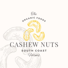 Wall Mural - Cashew Logo Template. Hand Drawn Nuts Sketch with Retro Typography. Premium Plant Based Vegan Food Badge Emblem Isolated