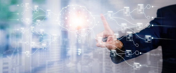 programmer people hand touching ai, artificial intelligence software engineer coding on laptop compu
