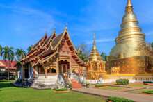 Chapel And Golden Pagoda At Wat Phra Singh Woramahawihan, Famous Travel Destination In Chiang Mai, Thailand