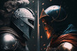 Two medieval knights in armor and helmets confront each other. Battle, war of good and evil, enemy, armed conflict, duel concept. Illustration created by generative ai