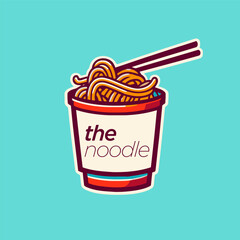 Takeaway chinese food badge of noodle box with chopsticks logo design icon