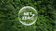 Net zero and carbon neutral concept.Net Zero text in bubbles with forest. for net zero greenhouse gas emissions target Climate neutral long term strategy on a green background. Carbon Neutrality.