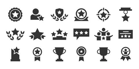 Set with award, award with number 1, one, trophy cup, trophy cup with star winner medal, trophy star, user with rating vector icon 