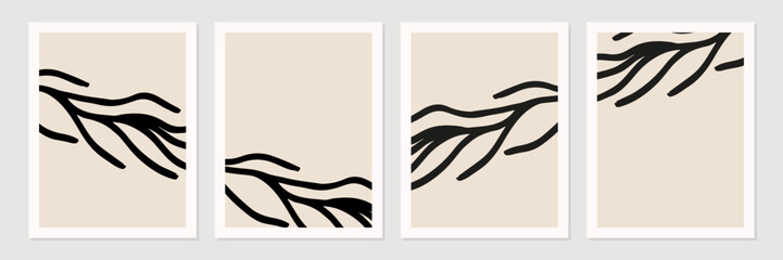 Aufkleber - Set of abstract organic shapes, leaves, lines and textures in black on neutral nude and beige background. 
Pattern in minimalist style. Modern contemporary art. Vector illustration.