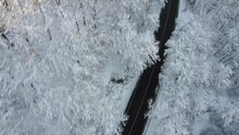 Top-down Shot Of A Curvy Road Crossing A Snowy Mountain. Winter Season. Sunny Day. Snow.