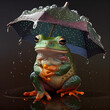 Green frog sitting under an umbrella with raindrops, rainy weather, puddle on the ground, amphibian animal, generative AI