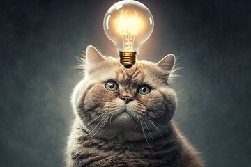 cat genius with idea bulb lamp light above head illustration generative ai