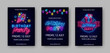 Birthday party neon vertical posters pack. Confetti, present and light bulb garland. Vector stock illustration