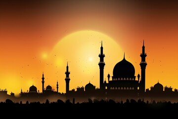 Wall Mural - Shilhoutte of mosque with moon in the background. Generative Ai