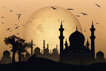 Wall Mural - Shilhoutte of mosque with moon in the background. Generative Ai