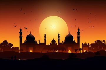 Wall Mural - Shilhoutte of mosque with moon in the background. Generative Ai