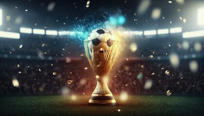 Golden soccer cup reward for victory in football championship on green grass field stadium, multicolored lens flare lights background. Beautiful sport prize reward gold trophy, generative AI