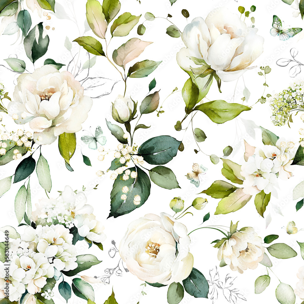 botanical floral seamless pattern with roses, herbs and leaves ...