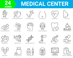 Wall Mural - healthcare and medicine, hospital services icons of 24 outline vector. Dermatology, gynecology, oncology, dentistry.