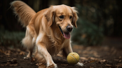 Wall Mural - A golden dog playing with a ball Generative AI 