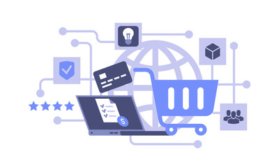 business internet, online store, shopping laptop vector illustration flat, design, e-commerce scene 