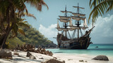 A pirate ship looking for treasure on a deserted Generative AI 