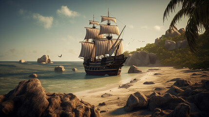 Wall Mural - a pirate ship looking for treasure on a deserted generative ai