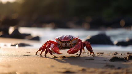 Canvas Print - A Red Crab Walking on the Beach Generative AI 