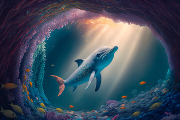 Wall Mural - Dolphin swimming in the under sea , Beautiful Underwater and colorfull coral in wild nature of the Pacific Ocean , Generate Ai