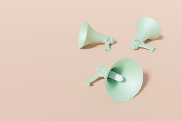 Pastel colour moutpiece loudspeakers, 3d rendering. Public address, free speech, protest or advertising with megaphone concept