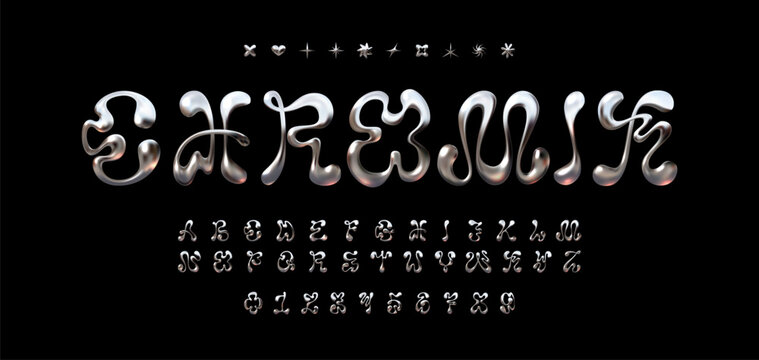 vector chrome y2k font with liquid distortion. perfect for futuristic designs. includes letters, num