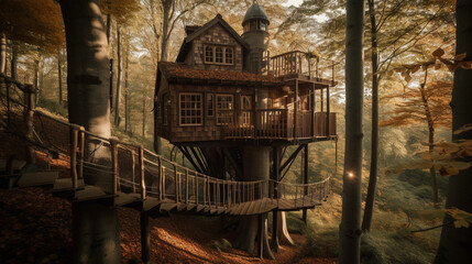 Poster - Hidden in a forest a treehouse with a rope ladder Generative AI 