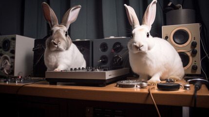 Wall Mural - Rabbits in a recording studio producing music Generative AI 