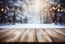 Winter On A Wooden Table. Blurred Background With Snow And White Decor For Christmas Or Xmas Product