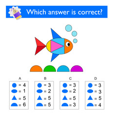 Math activity for kids. Need to find the correct answer. Preschool worksheet activity. Vector illustration. Answer is D
