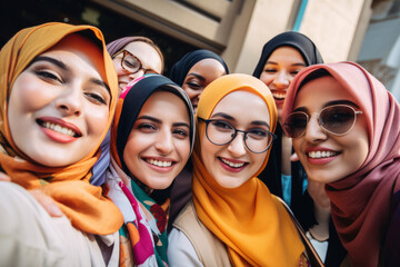 Poster - A group of young muslim women wearing headscarves having fun together. Generative ai