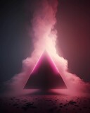 Fototapeta Na drzwi - 3D rendering of light pink triangle shape surrounded by pink mist in club, pink neon glow, glowing light. Generative AI