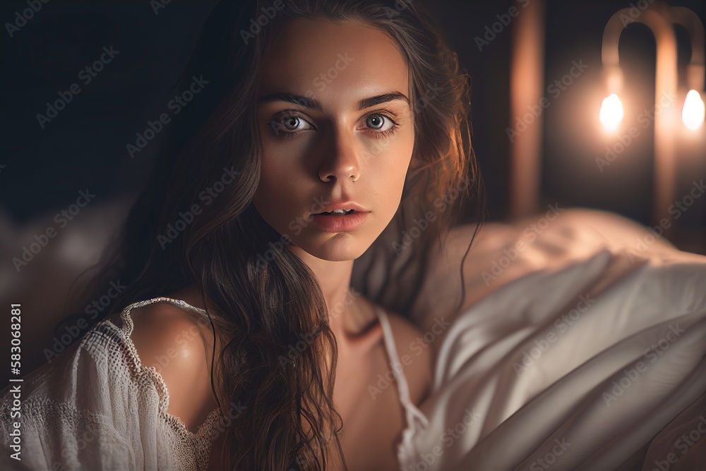 front view of sexy undressed young woman lying in bed in bedroom Stock Illustration Adobe Stock