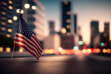 Waving the American flag United States of America in close-up. National holiday U.S. Independence Day, freedom. Symbol of the patriots flag on the background of the bokeh city at night. Generative AI.