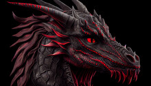 Black And Red Dragon Head Close-up On A Black Background. Generate Ai.