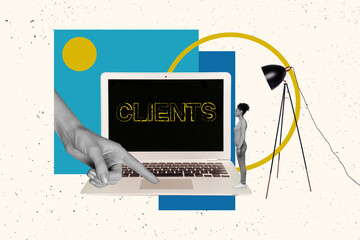 Creative minimal collage of young girl using netbook point finger touchpad click remote customer ecommerce isolated on blue color background