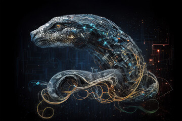 Wall Mural - neural network of a snake brain with data and artificial intelligence circuit board in the head of a