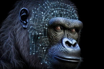 Wall Mural - Neural network of a gorilla brain with data and artificial intelligence circuit board in the head of the primate ape, outlining concepts of a digital brain, computer Generative AI stock illustration