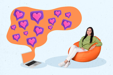 Poster - Composite template collage advertisement blogging woman sit beanbag dreamy check much income hearts like share repost isolated on gray background