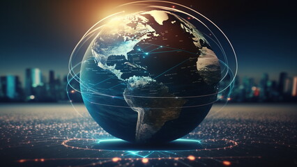 World map point and line composition concept of global business. Global network connection with Generative AI Technology.
