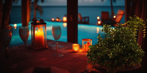 Wall Mural - night resort tropical palm and straw bungalow green blue pool water candles on table and blurred can