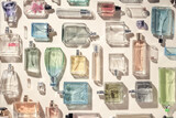 Fototapeta  - Perfume and eau de toilette bottles flatlay a lot, collection top view. Beautiful multicolored perfume bottles on a beige background, holiday gifts of choice.