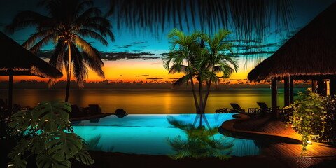 Wall Mural - night resort tropical palm and straw bungalow green blue pool water candles on table and blurred can