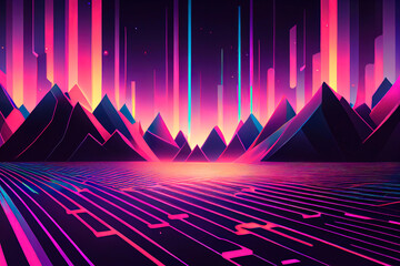 Abstract technology background with mountains and glowing neon lines, ai generation