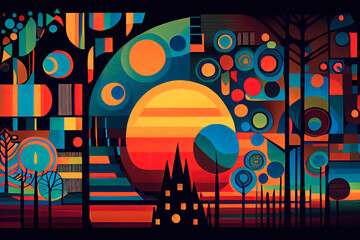 Poster - Colorful abstract background with trees, sun and castle